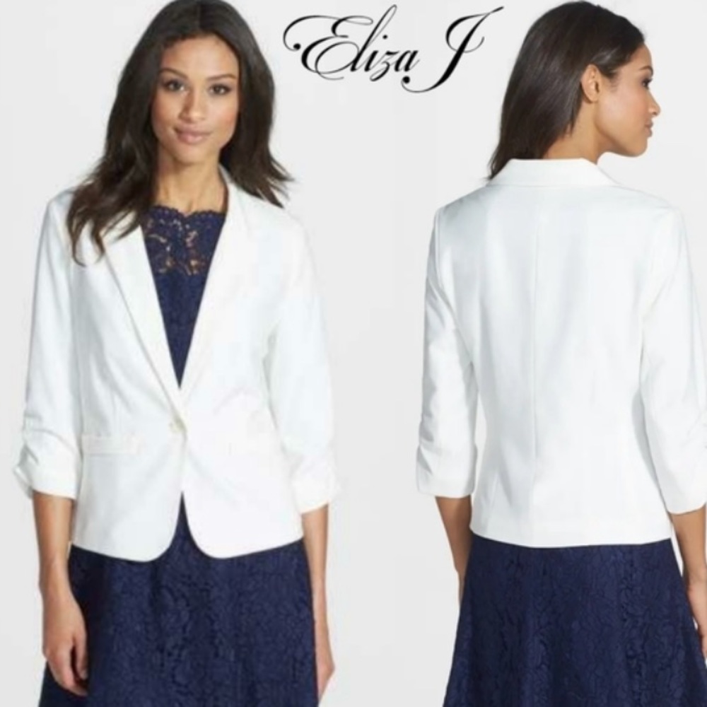 Eliza J ruched sleeve cream blazer size L